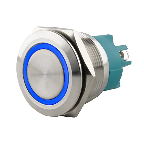 SeKi Edelstahl Drucktaster Ø25mm tastend flacher Kopfform farbig beleuchtetem LED Ring in blau Schraubanschluss; Klingeltaster von SeKi