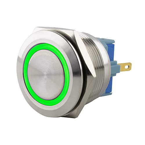 SeKi Edelstahl Drucktaster Ø25mm tastend flacher Kopfform farbig beleuchtetem LED Ring in grün Lötösen / Flachstecker 0,5x2,8 Anschluss; Klingeltaster von SeKi