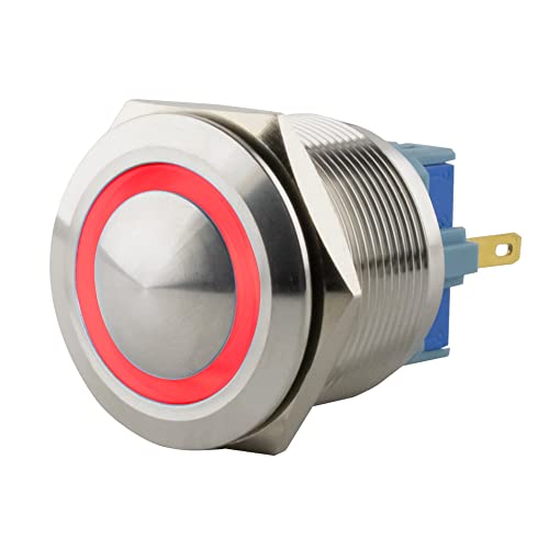 SeKi Edelstahl Drucktaster Ø25mm tastend gewölbter Kopfform farbig beleuchtetem LED Ring in rot Lötösen / Flachstecker 0,5x2,8 Anschluss; Klingeltaster von SeKi