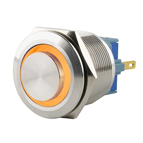 SeKi Edelstahl Drucktaster Ø25mm tastend hervorstehender Kopfform farbig beleuchtetem LED Ring in gelb Lötösen / Flachstecker 0,5x2,8 Anschluss; Klingeltaster von SeKi