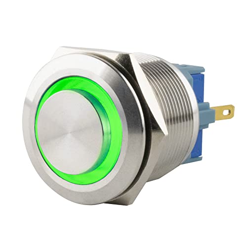 SeKi Edelstahl Drucktaster Ø25mm tastend hervorstehender Kopfform farbig beleuchtetem LED Ring in grün Lötösen / Flachstecker 0,5x2,8 Anschluss; Klingeltaster von SeKi