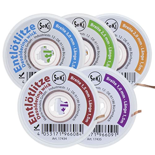 SeKi Entlötlitzen Sortiment 5 Abmessungen von 1,0-3,0mm jeweils 1,5 Meter Lang; Entlötsauglitze - Hohe Saugleistung SeKi Entlötlitzen Sortiment 5 Abmessungen von 1,0-3,0mm jeweils 1,5 Meter Lang; Entlötsauglitze - Hohe Saugleistung von SeKi