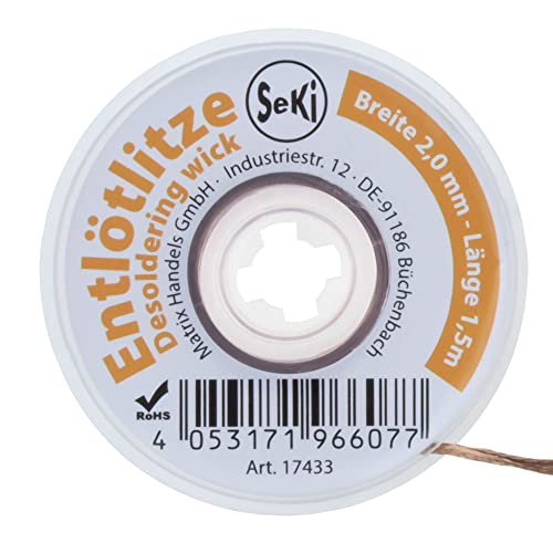 SeKi Entlötsauglitze 2,0mm - zur Entfernung von Lötzinn 1,5 Meter Lang; Hohe Saugleistung; Entlötzlitze; Sauglitze SeKi Entlötsauglitze 2,0mm - zur Entfernung von Lötzinn 1,5 Meter Lang; Hohe Saugleistung; Entlötzlitze; Sauglitze von SeKi
