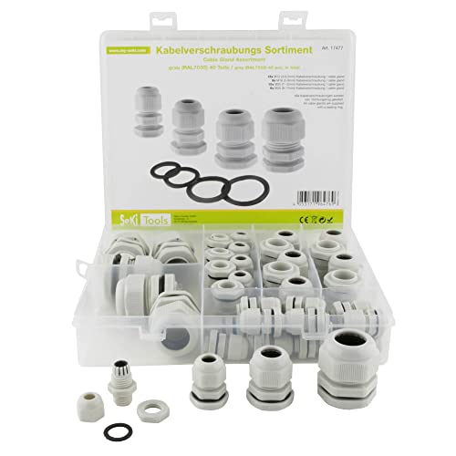 SeKi Kabelverschraubung Sortiment, 40 teilig, M12, M16, M25 und M25 grau inkl. Gegenmutter und Dichtungsring; IP68 wasserdicht Kunststoff Cable Gland von SeKi