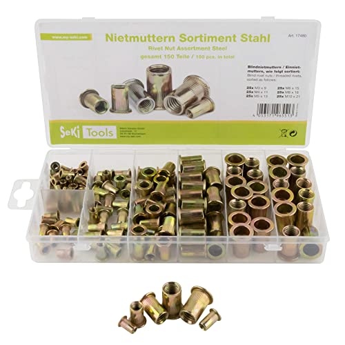 SeKi Nietmuttern-Sortiment Blindnietmuttern Satz, 150 teilig, verzinkter Stahl; M3 M4 M5 M6 M8 M10 in praktischer, wiederverwendbarer Universalbox SeKi Nietmuttern-Sortiment Blindnietmuttern Satz, 150 teilig, verzinkter Stahl; M3 M4 M5 M6 M8 M10 in praktischer, wiederverwendbarer Universalbox von SeKi