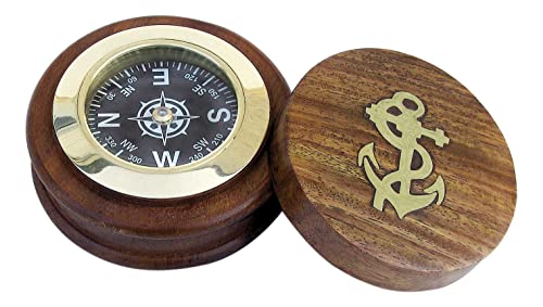 Sea-Club Kompass mit Deckel Maritime Deko Holz/Messing Ø=8cm von Sea-Club