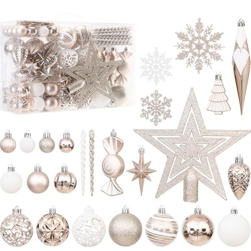 Sea Team 130-teiliges sortiertes Set aus bruchsicheren Weihnachtskugeln und Baumschmuck-Dekorationen mit wiederverwendbarer Geschenkverpackung für den Weihnachtsbaum.(Champagner) von Sea Team