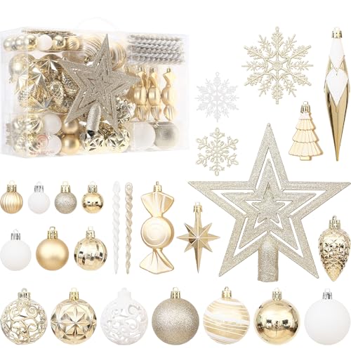 Sea Team 130-teiliges sortiertes Set aus bruchsicheren Weihnachtskugeln und Baumschmuck-Dekorationen mit wiederverwendbarer Geschenkverpackung für den Weihnachtsbaum.(Gold) von Sea Team