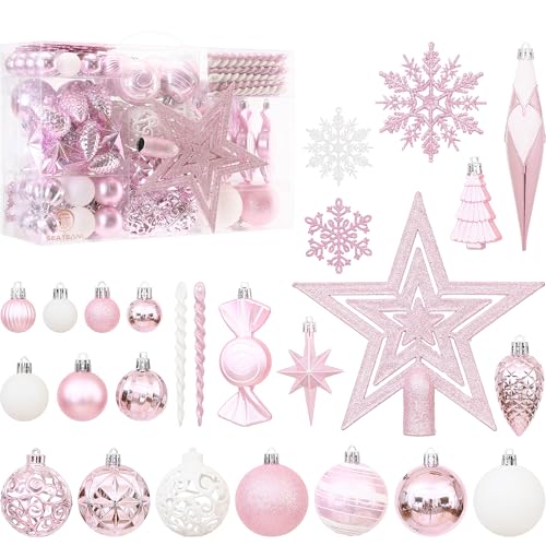 Sea Team 130-teiliges sortiertes Set aus bruchsicheren Weihnachtskugeln und Baumschmuck-Dekorationen mit wiederverwendbarer Geschenkverpackung für den Weihnachtsbaum.(Pink) von Sea Team