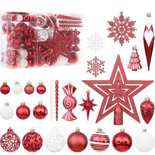 Sea Team 130-teiliges sortiertes Set aus bruchsicheren Weihnachtskugeln und Baumschmuck-Dekorationen mit wiederverwendbarer Geschenkverpackung für den Weihnachtsbaum.(Rot) von Sea Team
