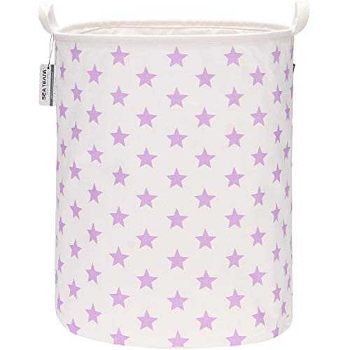 Sea Team 19,7 Zoll große Größe wasserdichte Beschichtung Ramie Cotton Fabric Folding Wäschekorb Eimer Zylindrischer Sackleinen Leinwand Aufbewahrungskorb mit stilvollem Purple Star Design von Sea Team