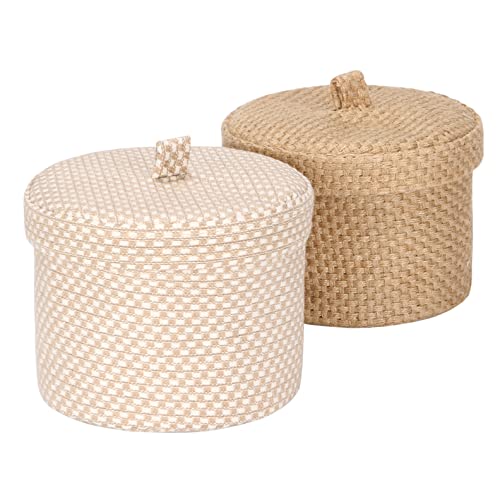 Sea Team 2 Pack Jute und Baumwolle Leinen Aufbewahrungskorb Nette runde Box für Toilettenartikel Spielzeug Verschiedenes Artikel 2 Liter Schreibtisch Gadget Organizer mit Deckel (Small A) von Sea Team