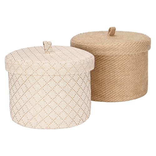 Sea Team 2 Pack Jute und Baumwolle Leinen Aufbewahrungskorb Nette runde Box für Toilettenartikel Spielzeug Verschiedenes Artikel 5 Liter Schreibtisch Gadget Organizer mit Deckel (Medium B) von Sea Team