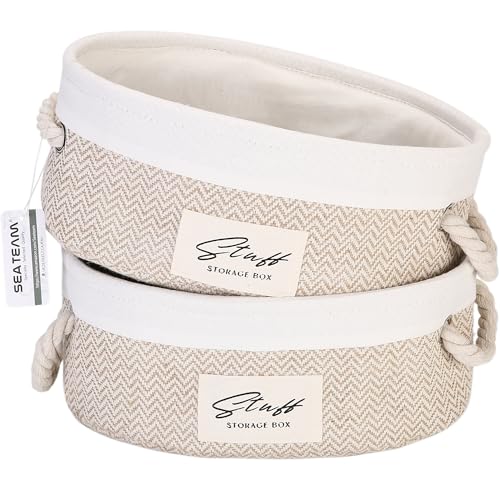 Sea Team 2-pack small storage baskets made of jute and canvas with cotton rope handles - Ideal for toiletries, toys, knick-knacks, and desk gadgets. von Sea Team