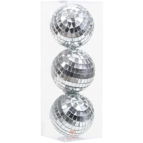 Sea Team 3 Stück 8cm/3.15 Zoll Silberne Spiegel-Discokugeln Weihnachtsbaum-Baumbehang - Perfekt für Weihnachtsdekorationen, Baumornamente, Discoparty-Dekorationen. von Sea Team