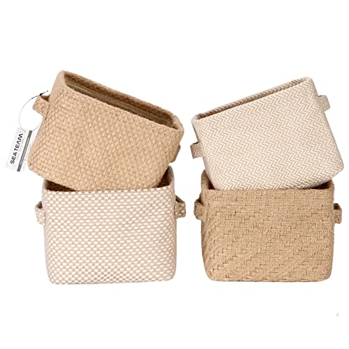 Sea Team 4.5L Mini Größe Jute Aufbewahrungskorb 4pcs quadratische Box mit Doppelgriffen Tisch und Raum Kleine Gegenstände Lagerung Experte, 20 * 16 * 15cm / 7.9 * 6.3 * 5.9In von Sea Team