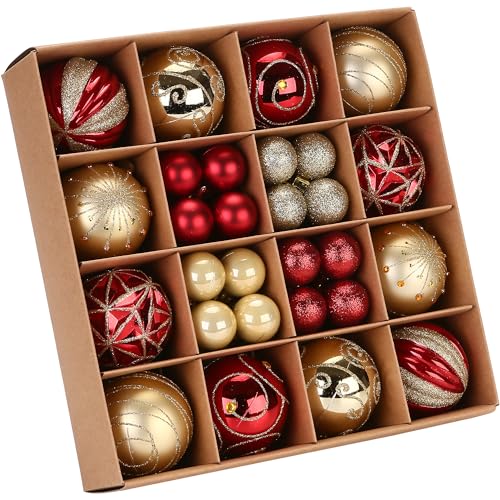 Sea Team 44er-Set Kleiner Weihnachtskugeln mit Strings, Größe 30-60mm/1,18-2,36 Zoll, aus splitterfreiem Kunststoff in Rot & Gold, ideale Dekoration für Weihnachtsbaum, Kranz und Girlande. von Sea Team
