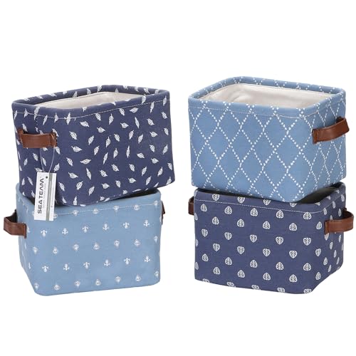 Sea Team 4er-Set faltbare Denim-Aufbewahrungskörbe mit PU-Ledergriffen - 7.9x6.3x5.5 Zoll, marineblau - Quadratische Mini-Boxen für Regal, Schreibtisch & Organisation von Sea Team
