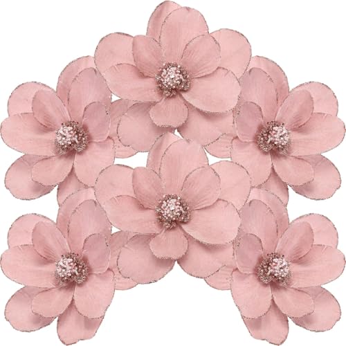 Sea Team 6er Pack künstliche Weihnachtsblumen-Ornamente, beflockte Stoff-Magnolien mit Glitzer, Florale Dekorationen für Weihnachtsbaum, Kranz, Girlande, 10 Zoll.Rosa von Sea Team