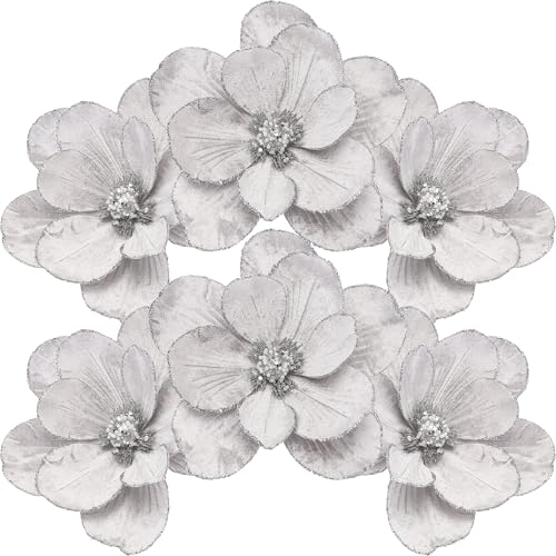 Sea Team 6er Pack künstliche Weihnachtsblumen-Ornamente, beflockte Stoff-Magnolien mit Glitzer, Florale Dekorationen für Weihnachtsbaum, Kranz, Girlande, 10 Zoll.Silber von Sea Team