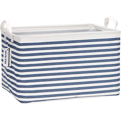 Sea Team Collapsible Rectangular Canvas Stoff Vorratsbehälter Regal Korb Organizer mit PU-Ledergriffen und Kordelzugverschluss, 16,5 x 11,8 x 9,8 Zoll, wasserdichte Innenschicht von Sea Team