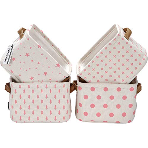 Sea Team Mini-Team, faltbar, neues Thema, Grau und Weiß – Aufbewahrungskörbe aus 100 % natürlichem Baumwoll- und Leinenstoff (Pink, 4 Stück) von Sea Team