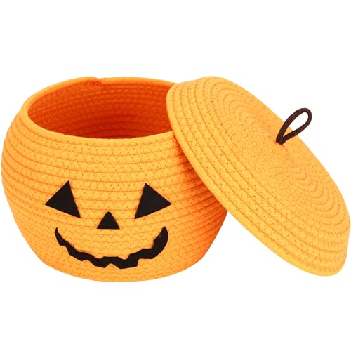 Sea Team Round Cotton Rope Storage Basket with Lid, Halloween Pumpkin Woven Storage Bin, Pot, Caddy, Organizer, Container for Snacks, Towels, Plants,10 x 7,5 Zoll (Klein, Orange) von Sea Team