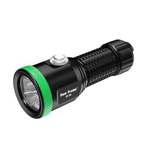 Sea frogs SF-30 Tauch-Taschenlampe, Tauch-Taschenlampe, 3000 Lumen, wasserdicht, 100 m, Unterwasser-Lichter, Nachttauchen, U-Boot-Taschenlampe für Outdoor-Erkundungssportarten (schwarz) von Sea frogs