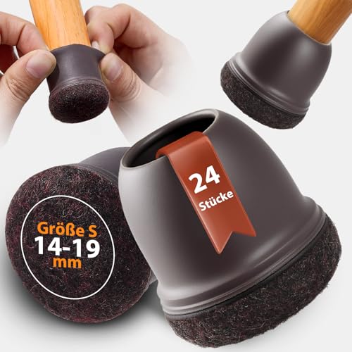 Seaforie Stuhlbeinkappen 24 Stück, Round 14-19mm Stuhlbeinschoner mit 360° Filz & Verstellbarem Durchmesser für Schutzkappen, rutschfest, Waschbare Gleiter für Stühle,Dunkelbraun von Seaforie