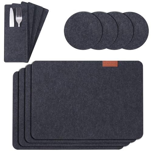 Seaforie Tischsets abwaschbar, 12er Set Platzset inkl. 4xTischset, 4xGlasuntersetzer&4xBestecktaschen, 3mm Dicke rutschfeste Tischunterlage aus Filz, Hitzebeständig bis 100°C für Esstisch & Küche von Seaforie