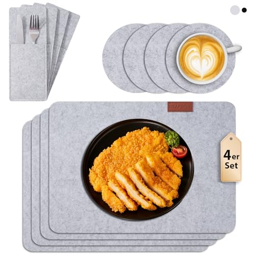 Seaforie Tischsets abwaschbar, 12er Set Platzset inkl. 4xTischset, 4xGlasuntersetzer&4xBestecktaschen, 3mm Dicke rutschfeste Tischunterlage aus Filz, Hitzebeständig bis 100°C für Esstisch & Küche von Seaforie