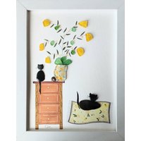 Seeglaskunst & Kieselsteinkunst - Katzenpaar Einzigartige Handgefertigte Gerahmte Kunst Kieselsteinkatzen von SeaglassArtworks