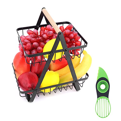 Seahelms 2 tier Obstkorb mit Avocado-Trennwand, Obst Etagere Obstkorb Rack Obstschale, Abnehmbar Obst Halter Gemüseregal für Küche Lager Obst Gemüse(schwarz) von Seahelms