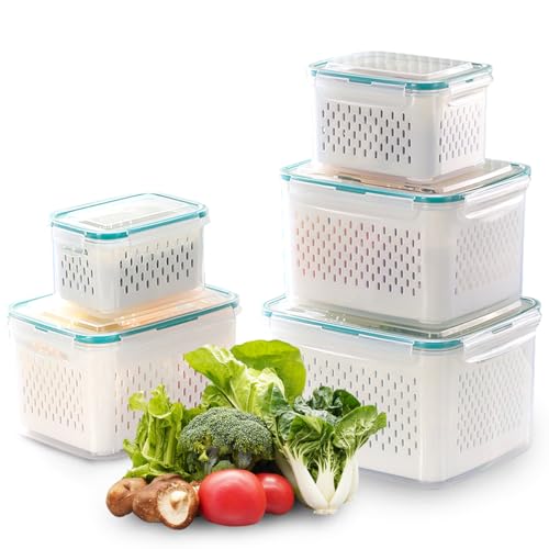 Seahelms 5 Set Frischhaltedosen Obst Gemüse mit Deckel Sieb (7.2l+4.55l+3.3l+1.85l +0.85l) BPA Frei Kühlschrank Organizer Frischhalteboxen Set Salat Beeren Aufbewahrung Vorratsdosen von Seahelms