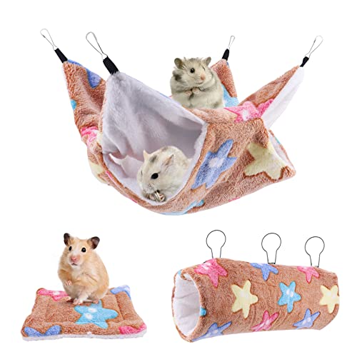 Seahelms 3-teiliges kleines Haustierkäfig-Hängematten-Set zum Aufhängen, Etagenbett, Kuschelbett, Zubehör mit Matte, Hängematte, Käfig, Zubehör-Set für Hamster, Meerschweinchen, Chincilla (Karamell) von Seahelms