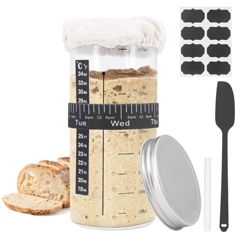 Seahelms Sauerteig Starter Set - 1000ml Gärglas mit Spatel u. Thermometer und Deckel,Sauerteig Glas, Sourdough Starter Kit, Fermentierglas für Perfekten Sourdough Backen Sauerteigbrot von Seahelms