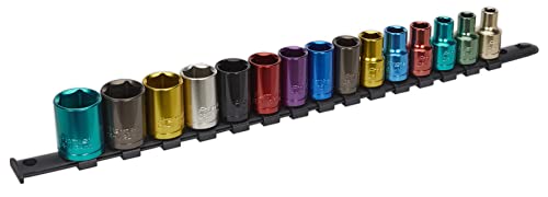 Sealey AK2874 Mehrfarbiger Steckschlüsselsatz, 15 Stück, 1,27 cm (1/2 Zoll) Vierkantantrieb, 6pt WallDrive ® metrisch von Sealey