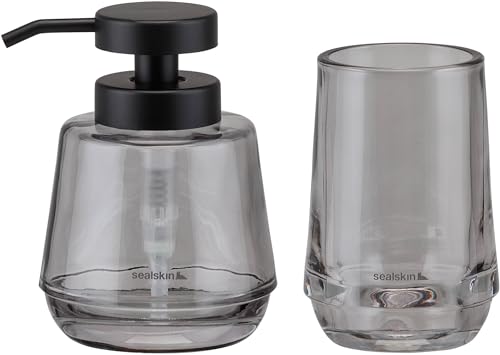 Sealskin Mood Badaccessoire-Set, bestehend aus Seifenspender 380 ml + Zahnputzbecher, Glas, Farbe: Grau Sealskin Mood Badaccessoire-Set, bestehend aus Seifenspender 380 ml + Zahnputzbecher, Glas, Farbe: Grau von Sealskin