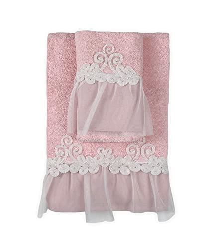 Set mit 2 Handtüchern für Badezimmer mit Tüll, 100 % Baumwolle, 1 Paar aus Frottee 1 + 1 - Gesichts- und Gästetuch (Rosa) von Seamar