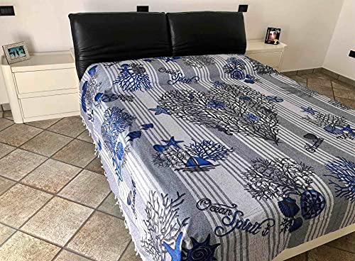 Tagesdecke Kapuka Sharm bedruckt 100% Baumwolle Sofaüberwurf mit Fransen 210 x 240 cm Strandtuch (blau) von Seamar