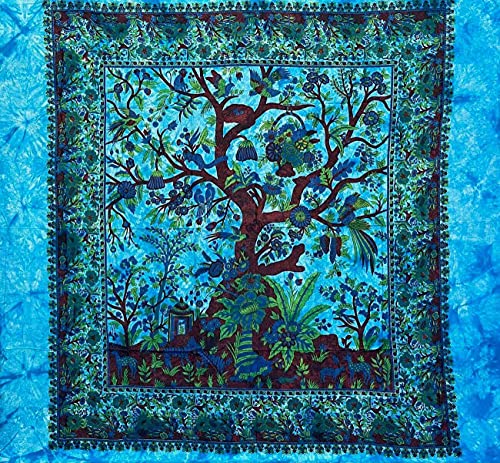 Überwurf Großer Baum des Lebens Multi Farbe 100% indische Baumwolle bedruckt 210 x 240 cm (Hellblau) von Seamar