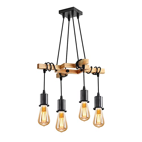 Seamoon Pendelleuchte Industriell Vintage E27 Lampenkopf Drahtgewickelter Hängelampen aus Holz 4 Lampe Glühbirne Design Schmiedeeisen aus Holz Hängeleuchte Schwarz Esstischlampe für Wohnzimmer von Seamoon