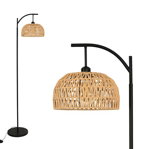 Stehlampe Modern Wohnzimmer Schlafzimmer, Rattan Stehlampen für Wohnzimmer, Rattan Optik Boho Stehleuchte E27 Lampenfuß, Vintage Stehleuchte mit Fußschalter, Lampenschirm: Natur (Ø28.5 cm) von Seamoon