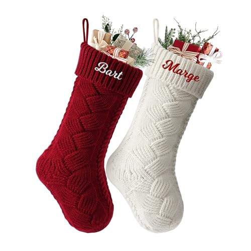 SearchI 2er Gestrickte Weihnachtsstrümpfe Personalisiert 18” Großer Individuelle Bestickte Name Nikolausstrumpf mit Benutzerdefinierte Christmas Stockings für Kamin Feiertags Familienparty Dekoration von SearchI