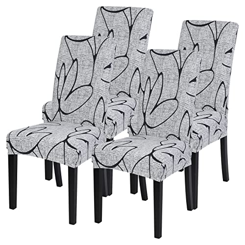 SearchI 4/6 PCS Stretch Stuhlbezug Schonbezüge Waschbar Sitzabdeckung Moderne Stuhlhussen Dekoration Abnehmbar Chair Cover für Esszimmer Hotel Restaurant (Grau Lotuses, 4PCS) von SearchI