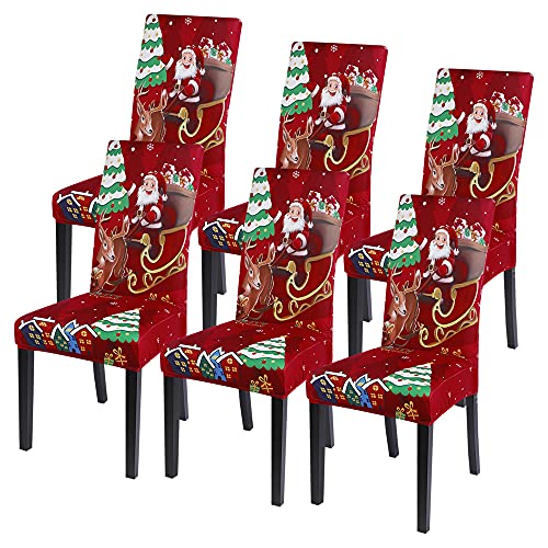 SearchI 4/6 PCS Weihnachtlich Stuhlhussen Stretch Weihnachten Stuhlbezug Universal Festlich Chair Cover Moderne Xmas Stulabdeckung Esszimmer Partys Bankett Beschütze (Weihnachtsschlitten, 6PCS) von SearchI