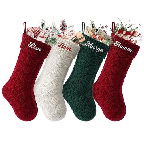 SearchI 4er Gestrickte Weihnachtsstrümpfe Personalisiert 18” Großer Individuelle Bestickte Name Nikolausstrumpf mit Benutzerdefinierte Christmas Stockings für Kamin Feiertags Familienparty Dekoration von SearchI
