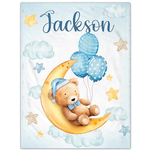 SearchI Babydecke mit Name Personalisierte Weich Kuscheldecke Kinder Namensdecke Tier Bär Individuelle Baby Decke Geschenke(130x150cm,Mondbär) von SearchI