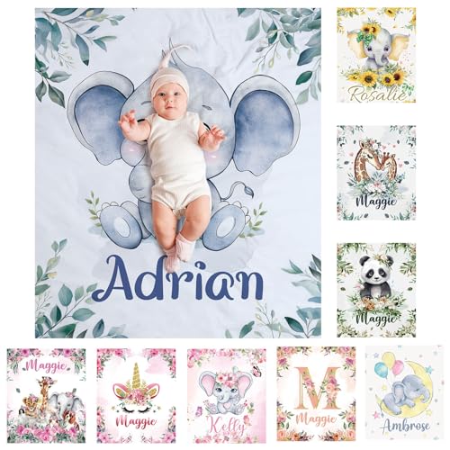 SearchI Personalisierte Babydecke mit Namen 130x150cm,Weich Warme Baby-Überwurfdecke für Junge Mädchen,Kinderdecke Namensdecke Personalisiert Geburtstaggeschenk(Elefantenblau) von SearchI