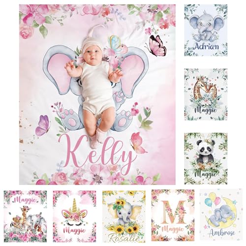 SearchI Personalisierte Babydecke mit Namen 130x150cm,Weich Warme Baby-Überwurfdecke für Junge Mädchen,Kinderdecke Namensdecke Personalisiert Geburtstaggeschenk(Elefantenrosa) von SearchI